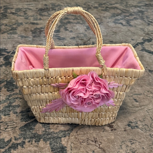 Christian Livingston Vintage Raffia Pink Fabric Roses Lined Top Handle Bag 8x10 - Picture 3 of 16